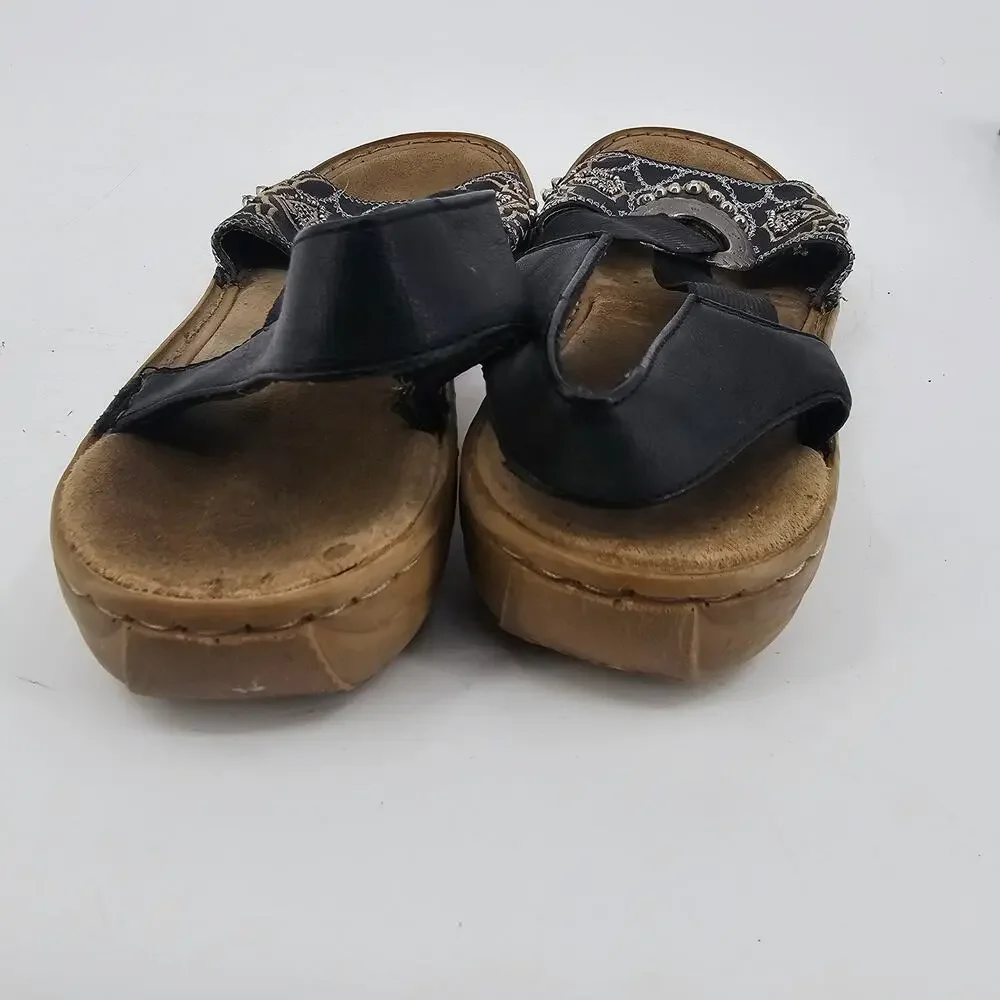 Y2K Rieker Beaded Black Embroidered Strappy Sandals Boho Silver Emblem EU 40 9.5